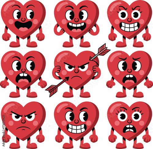 Cartoon Hearts Grid Illustration with Expressive Faces and Emotions – Fun & Dramatic Heart Characters