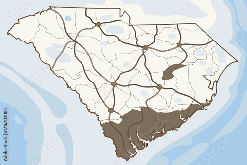South Carolina State Map with Transportation and Shaded Region roads