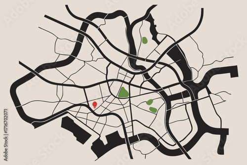 Abstract City Map with Rivers and Marked Location urban streets