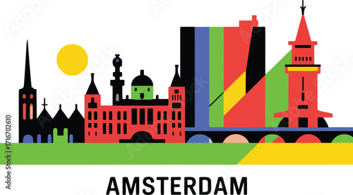 Amsterdam Skyline Vector Illustration with Colorful Buildings and Landmarks in Geometric Style Design