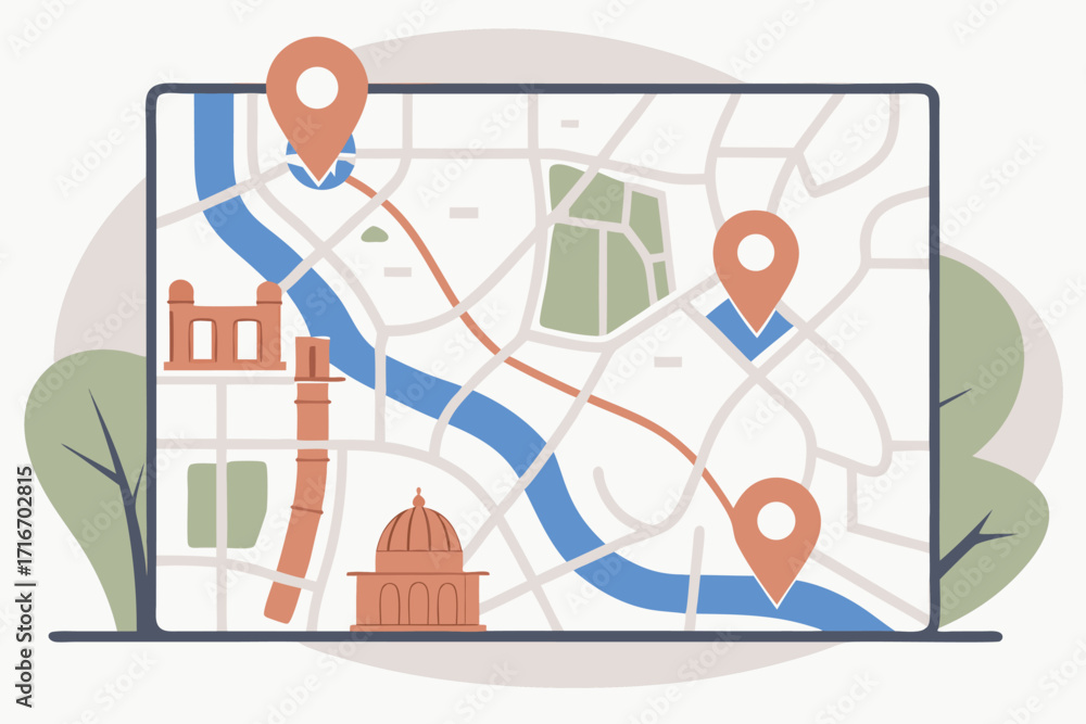 Obraz premium City Map with Navigation Pins and Landmarks location