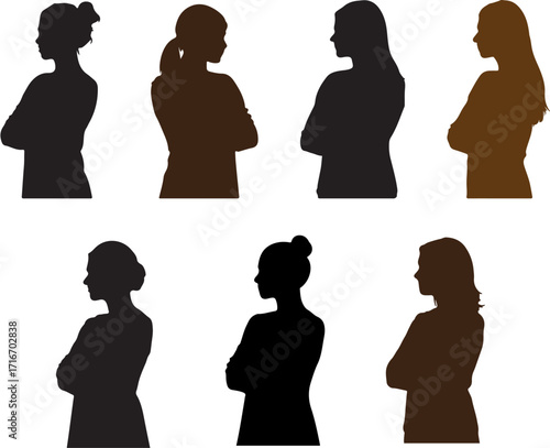 Diverse female figures in profile with arms crossed silhouette