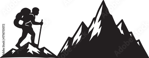 Lone hiker with backpack and trekking pole ascends a rocky mountain peak silhouette