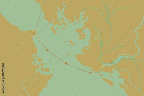 Map Showing Waterways and a Dashed Route river delta