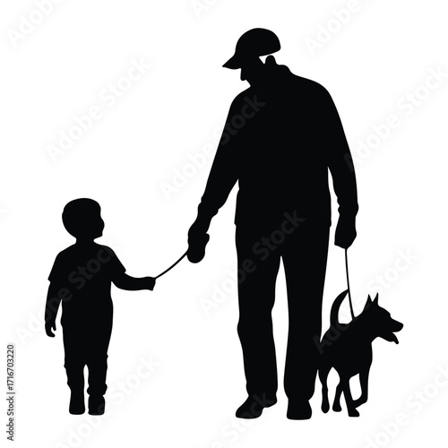 Man child dog walking silhouette leash