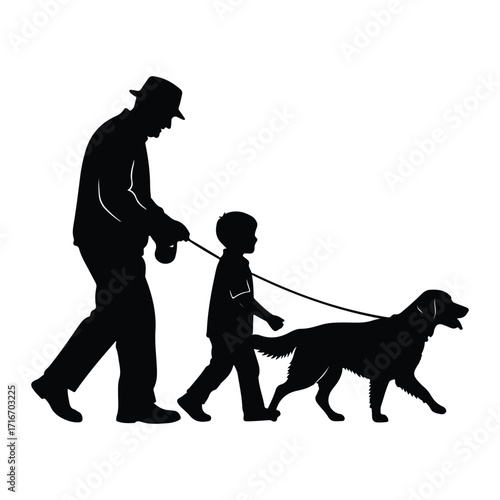 Man child dog walking silhouette vector
