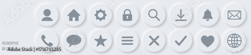 Minimalist set of 16 neumorphic UI icons in flat vector style with round buttons, soft shadows and modern clean design, perfect for websites, apps and digital interfaces