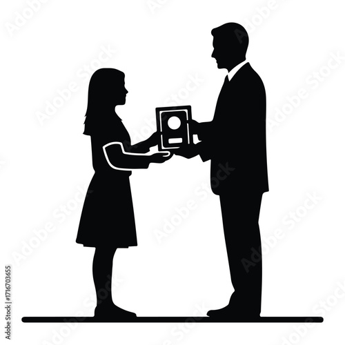 Man giving award to girl presentation recognition