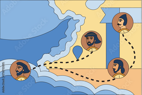 Stylized Map with Explorers and Sea Voyage Route illustration