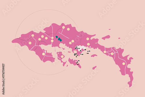 Pink map illustration with yellow dots and black figures vector