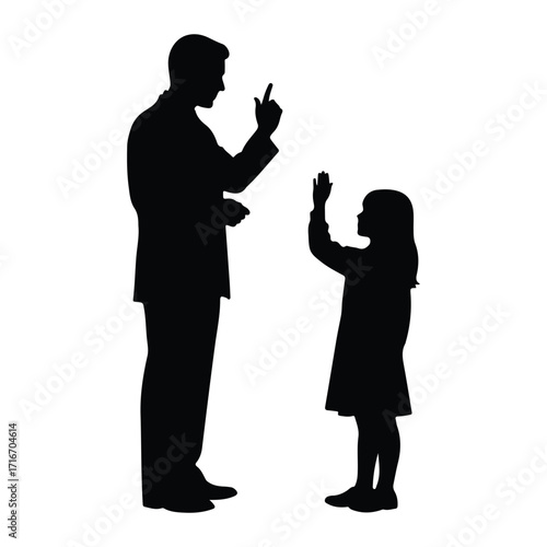 Man scolding girl raising hand adult child