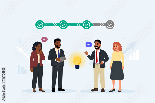 Business Team Discussion with light bulb. Vector cartoon illustration in a flat style of business people standing and talking to each other with an idea lightbulb and checks. Isolated from background.
