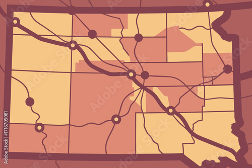 Stylized Map Of Kansas With Highways Keywords: Kansas, map, highways, roads, cities, counties
