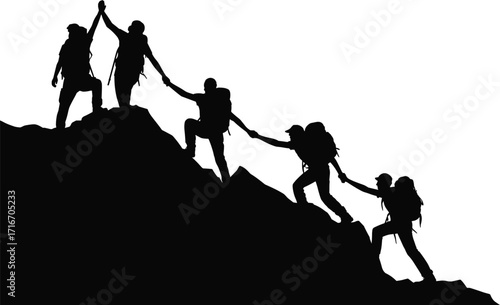 Teamwork climbing mountain silhouettes, group hike, mountaineering success, outdoor adventure, hiking team, peak achievement, collaboration