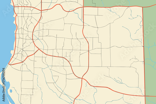 Coastal City Road Map with Waterways and Green Spaces street network