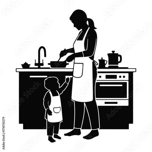 Mother and child cooking in kitchen apron