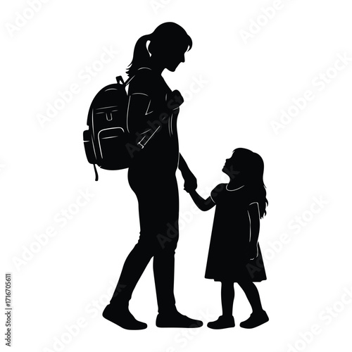 Mother and child holding hands daughter backpack