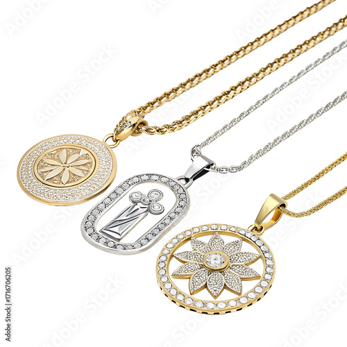 Gold and Silver Pendants with Diamonds on Chains graphic