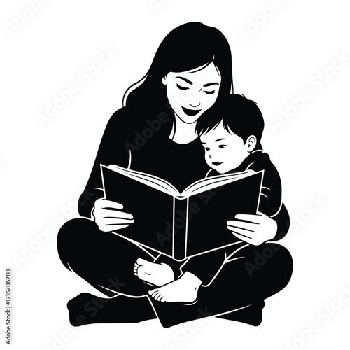 Mother and child reading book story