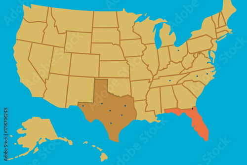 US Map With Texas And Florida Highlighted United States America