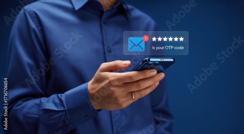 Mobile security and one-time code verification: A person holding smartphone that shows message notification alert, and displaying the OTP code message.
