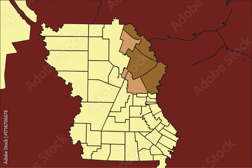 Missouri Map with Yellow and Brown Shaded Counties on Dark Red map of Background United States