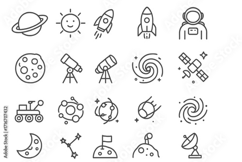 Space exploration and astronomy icon set. Thin line icons for astrophysics, planets, rocket launch, astronaut, solar system, satellite, galaxy, telescope and outer space.