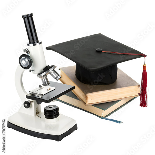 Microscope and Graduation Cap on Books laboratory science