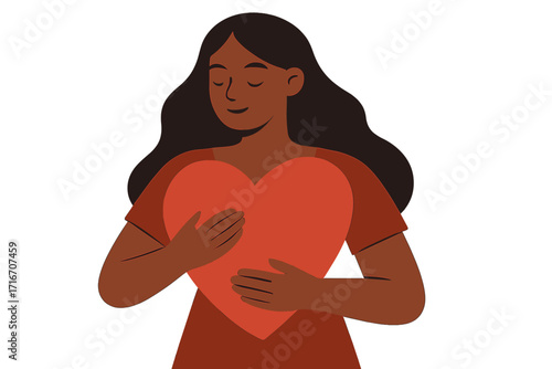 Self-love concept with black woman hugging a red heart. Self-care, body positivity, mental health and wellness. Support, kindness, acceptance and feminism vector illustration.