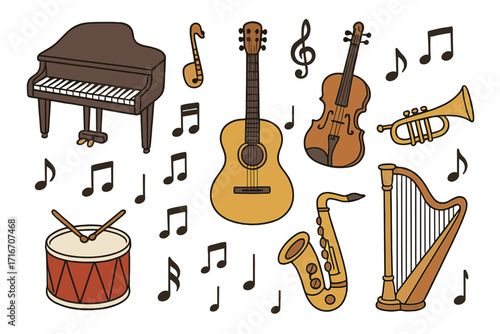 Music instrument and symbol icon collection. Cartoon sound concept. Big vector set with piano, guitar, violin, trumpet, drum, saxophone, harp, and music notes illustration.