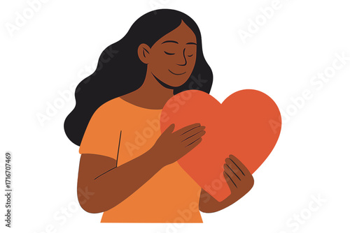 Beautiful black woman embraces a big heart. Love, self-care, charity, support, acceptance concept. Mental health, wellbeing, gratitude. Isolated flat vector illustration.