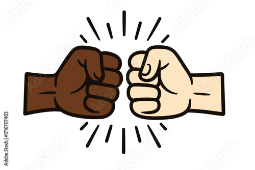 Black and white fist bump. Black Lives Matter solidarity concept. Anti-racism and racial equality protest art. Unity and friendship against discrimination social poster vector.