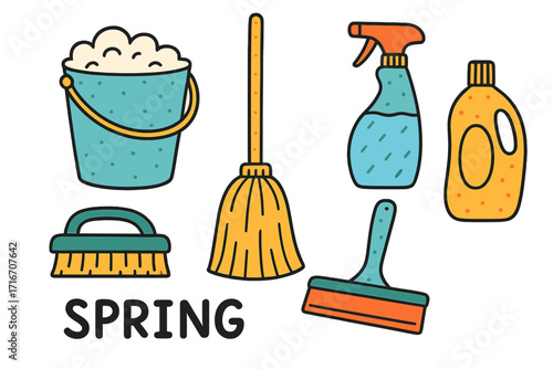 Spring cleaning tools set in color doodle style. Household chores equipment collection with bucket, broom, spray, detergent for washing. Vector flat illustration for cleaning service.
