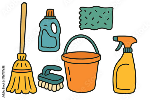 Cleaning tools set vector illustration. Housekeeping equipment for spring cleaning. Household chores icons. Broom, bucket, spray bottle, detergent, sponge and brush flat design.