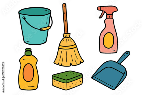 Cleaning tools icon set. Colorful doodle style vector illustrations. Spring cleaning concept. Household instruments for washing and purifying service. Bucket, broom, detergent.
