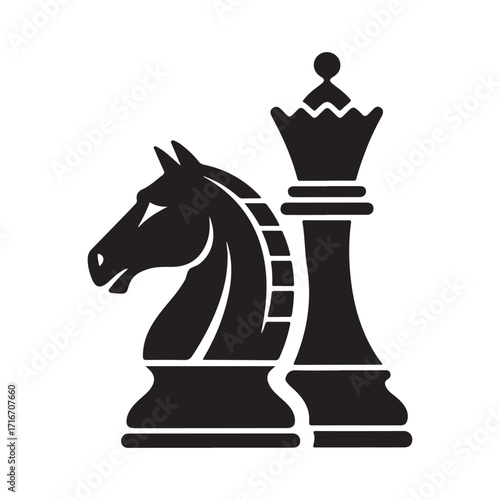 A cartoon illustration of black chess pieces, including a king, queen, and pawn, isolated as symbols of a game of strategy