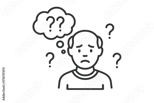 Confused person with question marks icon. Memory loss, alzheimer, cognitive decline concept. Dementia, brain disease, mental disorder symbol. Senior amnesia patient vector line.