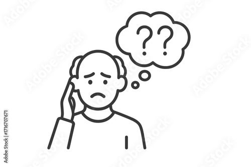 Alzheimer's disease line icon. Confused old person with memory loss. Dementia symbol for cognitive decline, brain disease, mental disorder, amnesia, confusion. Vector.