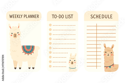 Cute weekly planner, to-do list, schedule template set with llama alpaca. Kids organizer for school notes. Printable checklist diary. Scandinavian childish cartoon vector.