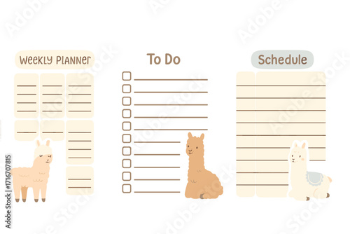 Cute weekly planner and to do list with alpaca and llama. Kids schedule template. Organizer for notes. Printable page for school. Scandinavian childish cartoon vector set.