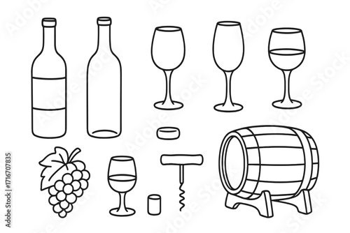 Wine elements icon set. Hand drawn doodle line art collection. Linear bottle, glass, grapes, barrel, and corkscrew vector illustrations. Simple outline graphic for menu or winery.