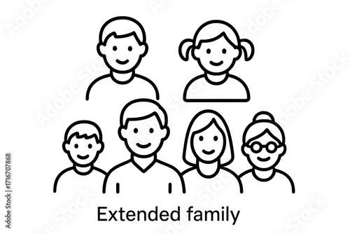 Extended family icon with multiple generations. Vector line illustration of parents, children, and grandparents. Concept for family bonds, lineage, community, and ancestry.