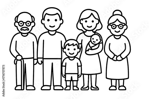 Extended family icon with parents, children, and grandparents. Vector line art of three generations together, from baby to senior. Concept for family bonds, lineage, aging, and love.