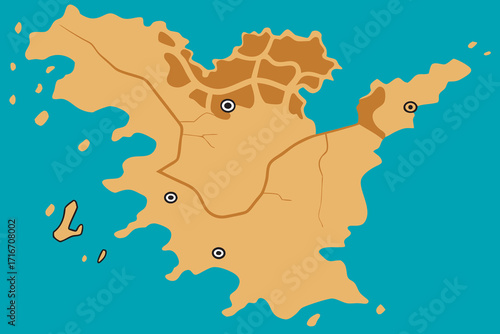 Stylized Map of an Island with Settlements and Water ocean