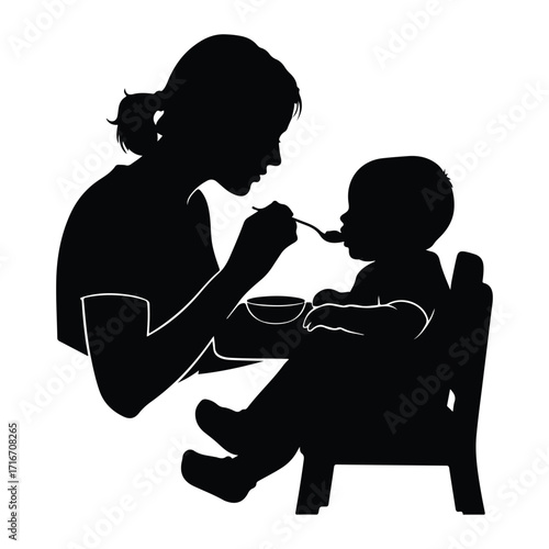 Mother feeding baby in high chair silhouette