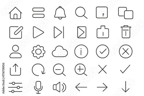 UI UX line icon set for web and mobile apps. Minimalistic pictogram collection for interface design. Editable stroke vector. Home, search, settings, play, download icons.