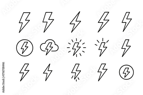 Lightning bolt line icon set. Thunder flash storm weather pictogram collection. Vector symbol for electricity, power, energy. Editable stroke linear design for apps, web, ui, ux.