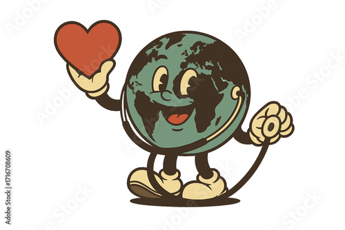World Health Day retro cartoon mascot. Globe character with a happy face holds a heart and stethoscope. Concept for global healthcare, love for the planet, and ecology.