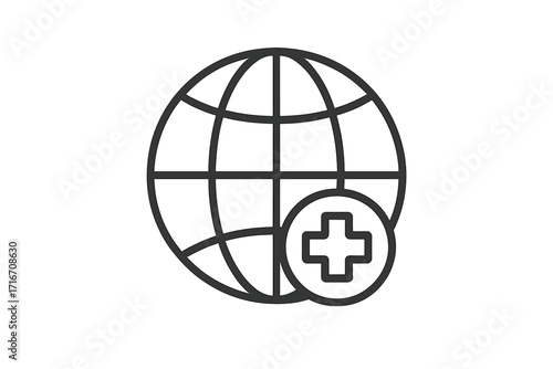 Global healthcare support, international aid concept. Planet Earth with medical cross icon. World health, global medicine, health access worldwide. Thin line vector icon.