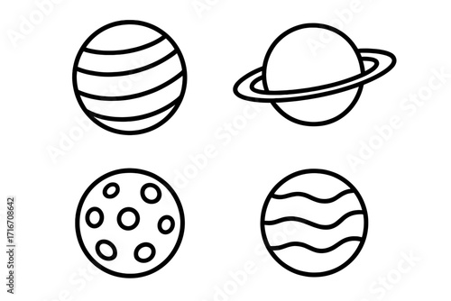 Planet icon set in thin line style. Astronomy and space symbols. Vector illustration of celestial bodies like Saturn, moon with craters, Jupiter. Science graphic element.